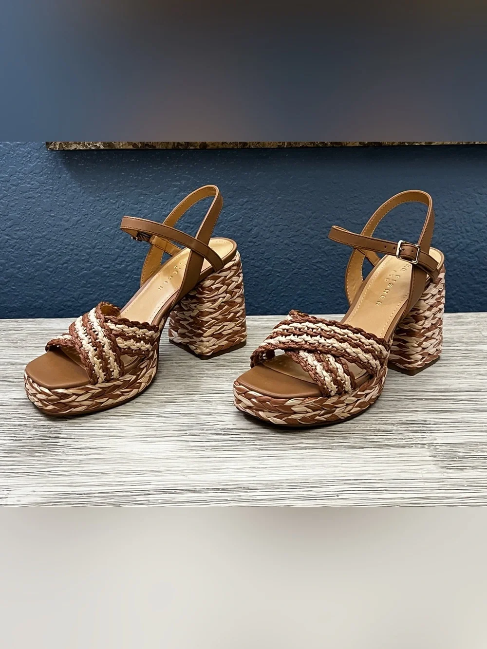 NEW!!! Marc Fisher Juliey Tan and Cream Braided Platform Sandals